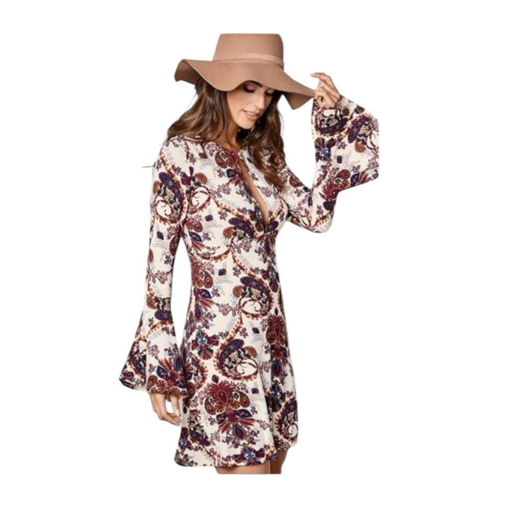VENUS Rayon Boho Dress Cream Multi-color Paisley Bell Sleeve Long Bell Sleeve S